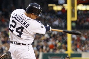 Detroit, MI - SEPTEMBER 23:  Miguel Cabrera #24 of the Detroit Tigers hits a two-run home run off of Alfredo Simon of the Baltimore Orioles at Comerica Park on September 23, 2011 in Detroit, Michigan.  (Photo by Jorge Lemus/Getty Images)