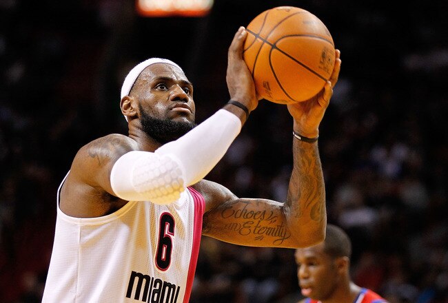 MIAMI, FL - JANUARY 21: LeBron James #6 of the Miami Heat shoots a free throw during a game against the Philadelphia 76ers at American Airlines Arena on January 21, 2012 in Miami, Florida. NOTE TO USER: User expressly acknowledges and agrees that, by downloading and/or using this Photograph, User is consenting to the terms and conditions of the Getty Images License Agreement.  (Photo by Mike Ehrmann/Getty Images)