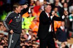 LIVERPOOL, ENGLAND - OCTOBER 15:  Manchester United Manager Sir Alex Ferguson (R) gestures as Liverpool Manager Kenny Dalglish looks on during the Barclays Premier League match between Liverpool and Manchester United at Anfield on October 15, 2011 in Liverpool, England.  (Photo by Clive Brunskill/Getty Images)