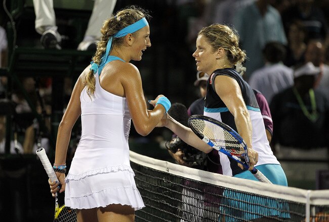 KEY BISCAYNE, FL - MARCH 30:  (L-R) Victoria Azarenka of Belarus is congratulated by Kim Clijsters of Belgium after Azarenka won their match during the Sony Ericsson Open at Crandon Park Tennis Center on March 30, 2011 in Key Biscayne, Florida.  (Photo by Al Bello/Getty Images)