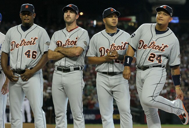 PHOENIX, AZ - JULY 12:  American League All-Star Jose Valverde #46 of the Detroit Tigers stands with American League All-Star Justin Verlander #35 of the Detroit Tigers American League All-Star Jhonny Peralta #27 of the Detroit Tigers and American League All-Star Miguel Cabrera #24 of the Detroit Tigers before the start of the 82nd MLB All-Star Game at Chase Field on July 12, 2011 in Phoenix, Arizona.  (Photo by Jeff Gross/Getty Images)