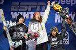 ASPEN, CO - JANUARY 29:  Shaun White (C) of the USA takes the podium after winning the gold medal in the Men's Snowboard Superpipe along with Iouri Podladtchikov (L) of Switzerland in second place and Kazuhiro Kokubo (R) of Japan in third place at Winter X Games 14 at Buttermilk Mountain on January 29, 2010 in Aspen, Colorado.  (Photo by Doug Pensinger/Getty Images)
