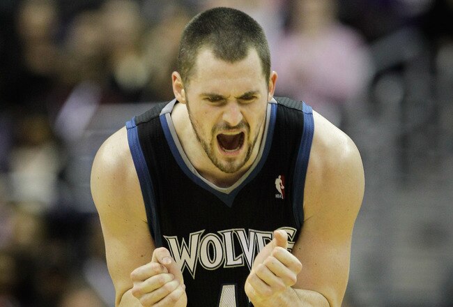 WASHINGTON, DC - MARCH 05:  Kevin Love #42 of the Minnesota Timberwolves reacts after missing a shot against the Washington Wizards at the Verizon Center on March 5, 2011 in Washington, DC. NOTE TO USER: User expressly acknowledges and agrees that, by downloading and/or using this Photograph, User is consenting to the terms and conditions of the Getty Images License Agreement.  (Photo by Rob Carr/Getty Images)