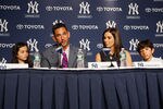 NEW YORK, NY - JANUARY 24:  Jorge Posada addresses the media during a press conference to announces his retirement from the New York Yankees as his wife Laura Posada, his son Jorge Jr. and daughter Paulina look on at Yankee Stadium on January 24, 2012 in the Bronx borough of  New York City.  (Photo by Mike Stobe/Getty Images)
