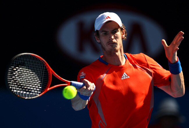 MELBOURNE, AUSTRALIA - JANUARY 25:  Andy Murray of Great Britain plays a forehand in his quarterfinal match against Kei Nishikori of Japan during day ten of the 2012 Australian Open at Melbourne Park on January 25, 2012 in Melbourne, Australia.  (Photo by Clive Brunskill/Getty Images)