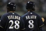 MILWAUKEE, WI - OCTOBER 10:  (L-R) Prince Fielder #28 and Ryan Braun #8 of the Milwaukee Brewers stand on the field against the St. Louis Cardinals during Game Two of the National League Championship Series at Miller Park on October 10, 2011 in Milwaukee, Wisconsin. The Cardinals won 12-3. (Photo by Jonathan Daniel/Getty Images)