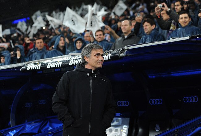 MADRID, SPAIN - DECEMBER 10: Head coach Jose Mourinho of Real Madrid waits for the start of the la Liga match between Real Madrid and Barcelona at Estadio Santiago Bernabeu on December 10, 2011 in Madrid, Spain.  (Photo by Jasper Juinen/Getty Images)