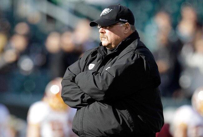 PHILADELPHIA, PA - JANUARY 01: Head coach Andy Reid of the Philadelphia Eagles watches his team warm up before playing the Washington Redskins at Lincoln Financial Field on January 1, 2012 in Philadelphia, Pennsylvania.  (Photo by Rob Carr/Getty Images)