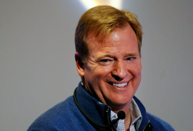 BALTIMORE, MD - JANUARY 15:  NFL Commissioner Roger Goodell smiles while speaking to fans during a Q&A prior to the AFC Divisional playoff game between the Houston Texans and the Baltimore Ravens at M&T Bank Stadium on January 15, 2012 in Baltimore, Maryland.  (Photo by Patrick McDermott/Getty Images)