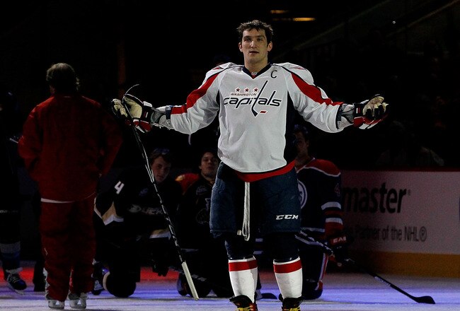 RALEIGH, NC - JANUARY 29:  Alexander Ovechkin #8 of the Washington Capitals reacts during the hardest shot part of the Honda NHL SuperSkills competition part of 2011 NHL All-Star Weekend at the RBC Center on January 29, 2011 in Raleigh, North Carolina.  (Photo by Kevin C. Cox/Getty Images)