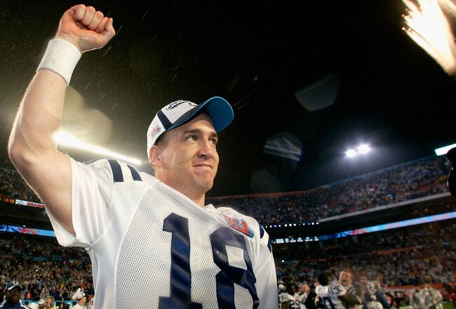 MIAMI GARDENS, FL - FEBRUARY 04:  Quarterback Peyton Manning #18 of the Indianapolis Colts celebrates winning the Super Bowl XLI qith a score of 29-17 over the Chicago Bears on February 4, 2007 at Dolphin Stadium in Miami Gardens, Florida.  (Photo by Donald Miralle/Getty Images)