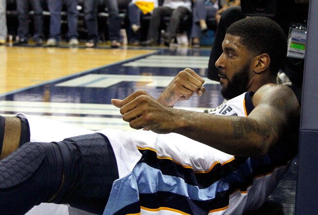 MEMPHIS, TN - MAY 13:  O.J. Mayo #32 of the Memphis Grizzlies reacts after making a basket and drawing a foul from the Oklahoma City Thunder in Game Six of the Western Conference Semifinals in the 2011 NBA Playoffs at FedExForum on May 13, 2011 in Memphis, Tennessee.  NOTE TO USER: User expressly acknowledges and agrees that, by downloading and/or using this photograph, User is consenting to the terms and conditions of the Getty Images License Agreement.  (Photo by Kevin C. Cox/Getty Images)