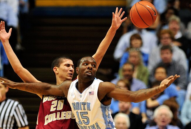 CHAPEL HILL, NC - JANUARY 07:  P.J. Hairston #15 of the North Carolina Tar Heels battles Lonnie Jackson #20 of the Boston College Eagles for a loose ball during play at the Dean Smith Center on January 7, 2012 in Chapel Hill, North Carolina. North Carolina won 83-60.  (Photo by Grant Halverson/Getty Images)
