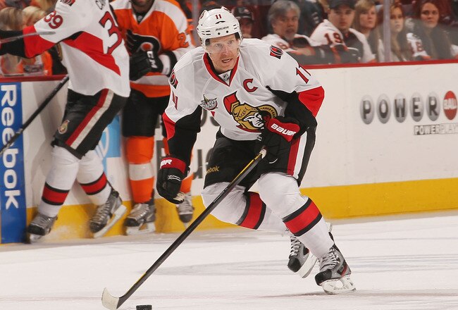 PHILADELPHIA, PA - JANUARY 07:  Daniel Alfredsson #11 of the Ottawa Senators  against the Philadelphia Flyers  at Wells Fargo Center on January 7, 2012 in Philadelphia, Pennsylvania.  (Photo by Nick Laham/Getty Images)