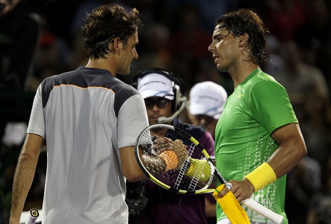 KEY BISCAYNE, FL - APRIL 01:  Rafael Nadal (R) of Spain is congratulated by Roger Federer of Switzerland after Nadal won their men's semifinal singles match at the Sony Ericsson Open at Crandon Park Tennis Center on April 1, 2011 in Key Biscayne, Florida.  (Photo by Clive Brunskill/Getty Images)
