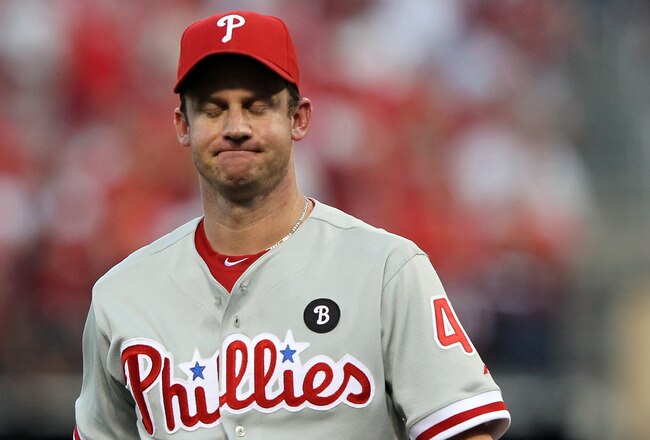 ST LOUIS, MO - OCTOBER 05:  Pitcher Roy Oswalt #44 of the Philadelphia Phillies reacts after allowing two-runs in the fourth inning while taking on the St. Louis Cardinals in Game Four of the National League Division Series at Busch Stadium on October 5, 2011 in St Louis, Missouri.  (Photo by Jamie Squire/Getty Images)