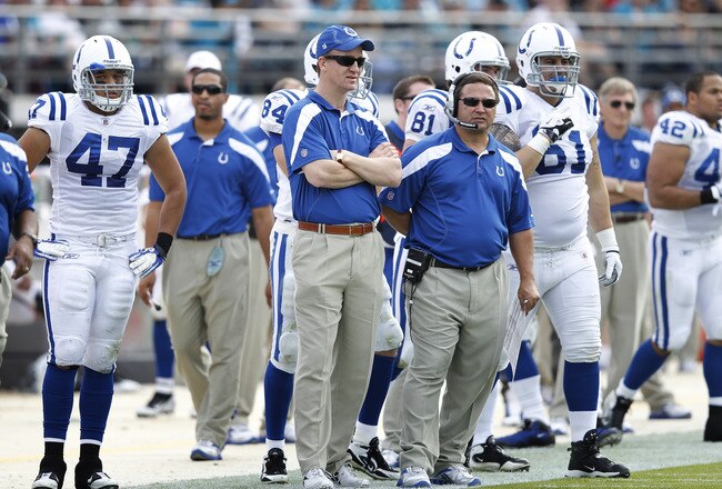 JACKSONVILLE, FL - JANUARY 1: Quarterback Peyton Manning and offensive coordinator Clyde Christensen of the Indianapolis Colts look on during the game against the Jacksonville Jaguars at EverBank Field on January 1, 2012 in Jacksonville, Florida. The Jaguars defeated the Colts 19-13. (Photo by Joe Robbins/Getty Images)