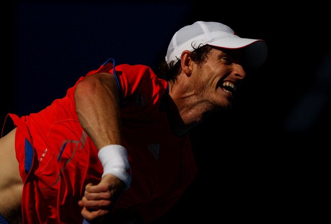 MELBOURNE, AUSTRALIA - JANUARY 25:  Andy Murray of Great Britain in action during his quarterfinal match against Kei Nishikori of Japan during day ten of the 2012 Australian Open at Melbourne Park on January 25, 2012 in Melbourne, Australia.  (Photo by Ryan Pierse/Getty Images)