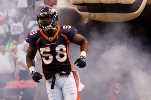 DENVER, CO - AUGUST 20:  Linebacker Von Miller #58 of the Denver Broncos is introduced before a game against the Buffalo Bills at Sports Authority Field at Mile High on August 20, 2011 in Denver, Colorado. (Photo by Justin Edmonds/Getty Images)