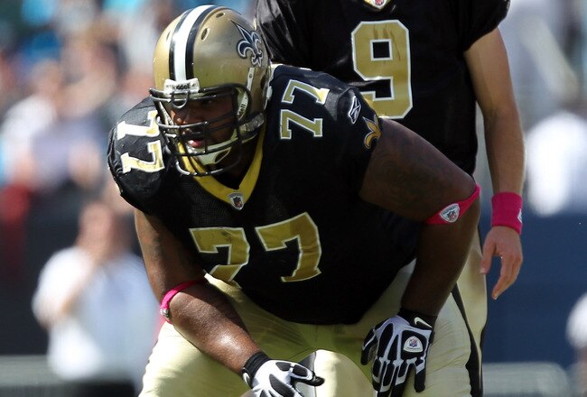 CHARLOTTE, NC - OCTOBER 09:   Carl Nicks #77 of the New Orleans Saints during their game at Bank of America Stadium on October 9, 2011 in Charlotte, North Carolina.  (Photo by Streeter Lecka/Getty Images)