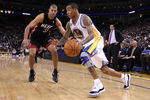 OAKLAND, CA - JANUARY 10:  Monta Ellis #8 of the Golden State Warriors drives on Shane Battier #31 of the Miami Heat at Oracle Arena on January 10, 2012 in Oakland, California.  NOTE TO USER: User expressly acknowledges and agrees that, by downloading and or using this photograph, User is consenting to the terms and conditions of the Getty Images License Agreement.  (Photo by Ezra Shaw/Getty Images)
