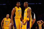 LOS ANGELES, CA - MAY 02:  Andrew Bynum #17 and Kobe Bryant #24 of the Los Angeles Lakers stand on the court before taking on the Dallas Mavericks in Game One of the Western Conference Semifinals in the 2011 NBA Playoffs at Staples Center on May 2, 2011 in Los Angeles, California. NOTE TO USER: User expressly acknowledges and agrees that, by downloading and or using this photograph, User is consenting to the terms and conditions of the Getty Images License Agreement.  (Photo by Kevork Djansezian/Getty Images)