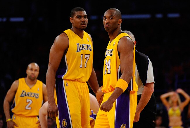 LOS ANGELES, CA - MAY 02:  Andrew Bynum #17 and Kobe Bryant #24 of the Los Angeles Lakers stand on the court before taking on the Dallas Mavericks in Game One of the Western Conference Semifinals in the 2011 NBA Playoffs at Staples Center on May 2, 2011 in Los Angeles, California. NOTE TO USER: User expressly acknowledges and agrees that, by downloading and or using this photograph, User is consenting to the terms and conditions of the Getty Images License Agreement.  (Photo by Kevork Djansezian/Getty Images)