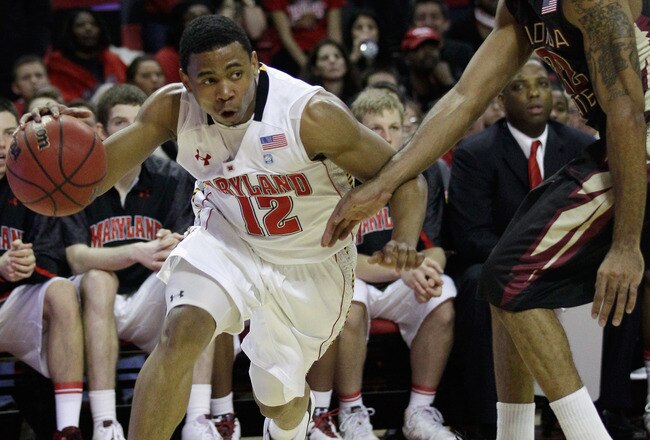 COLLEGE PARK, MD - FEBRUARY 23: Terrell Stoglin #12 of the Maryland Terrapins drives against the defense of Derwin Kitchen #22 of the Florida State Seminoles at the Comast Center February 23, 2011 in College Park, Maryland.  (Photo by Rob Carr/Getty Images)
