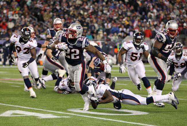 FOXBORO, MA - JANUARY 14:  Stevan Ridley #22 of the New England Patriots runs with the ball against the Denver Broncos during their AFC Divisional Playoff Game at Gillette Stadium on January 14, 2012 in Foxboro, Massachusetts.  (Photo by Jim Rogash/Getty Images)