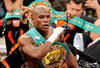 LAS VEGAS, NV - SEPTEMBER 17:  Floyd Mayweather Jr. celebrates his fourth-round knockout of Victor Ortiz to win the WBC welterweight title September 17, 2011 in Las Vegas, Nevada.  (Photo by Ethan Miller/Getty Images)