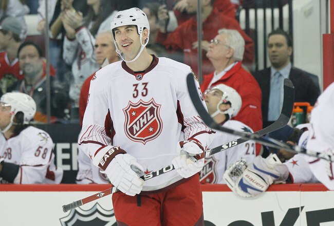 RALEIGH, NC - JANUARY 30:  Team Staal player Zdeno Chara #33 of the Boston Bruins reacts against Team Lidstrom in the 58th NHL All-Star Game at RBC Center on January 30, 2011 in Raleigh, North Carolina.  (Photo by Kevin C. Cox/Getty Images)