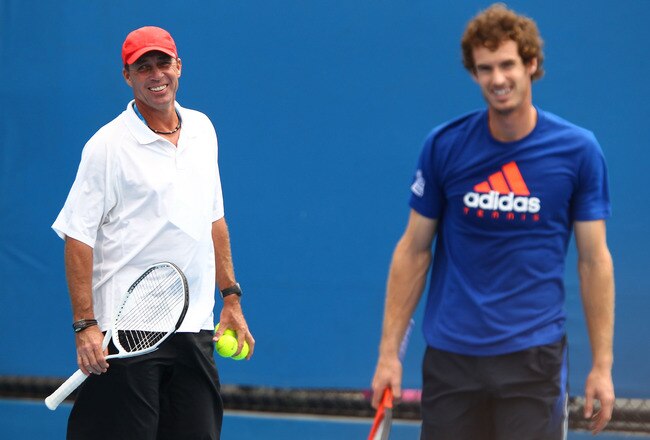 MELBOURNE, AUSTRALIA - JANUARY 25:  Andy Murray of Great Britain and his coach Ivan Lendl joke in a practice session during day ten of the 2012 Australian Open at Melbourne Park on January 25, 2012 in Melbourne, Australia.  (Photo by Clive Brunskill/Getty Images)