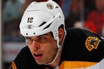 NEWARK, NJ - JANUARY 04:  Nathan Horton #18 of the Boston Bruins waits for a faceoff during an NHL hockey game against the New Jersey Devils at Prudential Center on January 4, 2012 in Newark, New Jersey.  (Photo by Paul Bereswill/Getty Images)