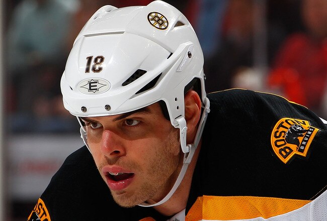 NEWARK, NJ - JANUARY 04:  Nathan Horton #18 of the Boston Bruins waits for a faceoff during an NHL hockey game against the New Jersey Devils at Prudential Center on January 4, 2012 in Newark, New Jersey.  (Photo by Paul Bereswill/Getty Images)