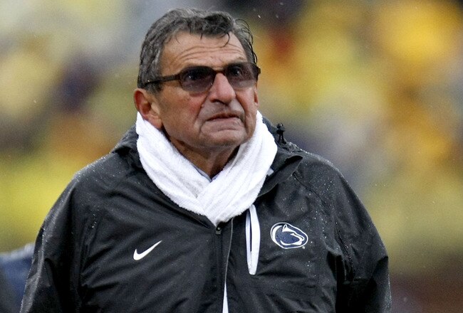 ANN ARBOR, MI - OCTOBER 24: Head Coach Joe Paterno of the Penn State Nittany Lions looks on while playing the Michigan Wolverines on October 24, 2009 at Michigan Stadium in Ann Arbor, Michigan. Penn State won the game 35-10. (Photo by Gregory Shamus/Getty Images)