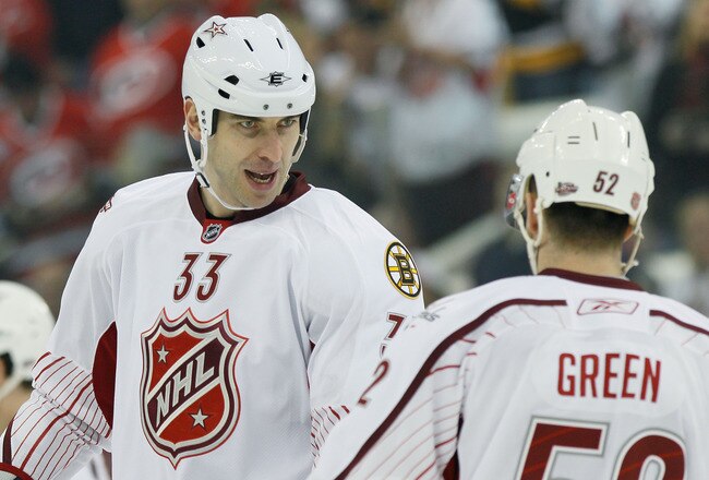 RALEIGH, NC - JANUARY 30:  Team Staal players Zdeno Chara #33 of the Boston Bruins and Mike Green #52 of Washington Capitals react against Team Lidstrom in the 58th NHL All-Star Game at RBC Center on January 30, 2011 in Raleigh, North Carolina.  (Photo by Kevin C. Cox/Getty Images)