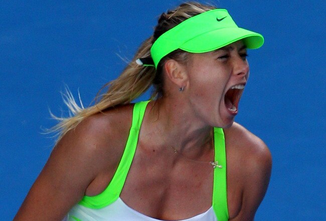 MELBOURNE, AUSTRALIA - JANUARY 26:  Maria Sharapova of Russia celebrates a point in her semifinal match against Petra Kvitova of the Czech Republic during day eleven of the 2012 Australian Open at Melbourne Park on January 26, 2012 in Melbourne, Australia.  (Photo by Mark Kolbe/Getty Images)