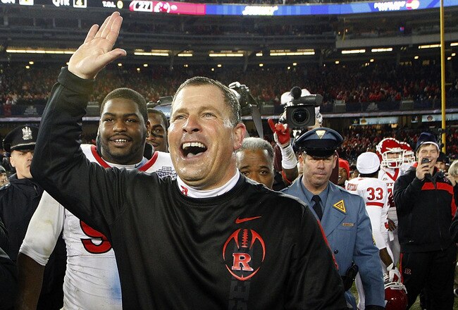 NEW YORK - DECEMBER 30:  Rutgers Scarlet Knights head coach Greg Schiano celebrates a win over the Iowa State Cyclones in the New Era Pinstripe Bowl at Yankee Stadium on December 30, 2011 in the Bronx Borough of New York City.  (Photo by Jeff Zelevansky/Getty Images)