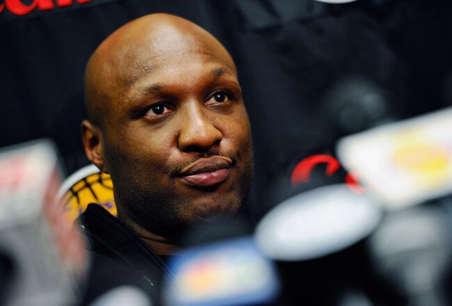 EL SEGUNDO, CA - MAY 11:  Lamar Odom #7 of the Los Angeles Lakers speaks during a news conference at the Lakers training facility on May 11, 2011 in El Segundo, California. The Lakers were swept out of their best of seven series with the Dallas Mavericks four games to none. NOTE TO USER: User expressly acknowledges and agrees that, by downloading and or using this photograph, User is consenting to the terms and conditions of the Getty Images License Agreement.  (Photo by Kevork Djansezian/Getty Images)