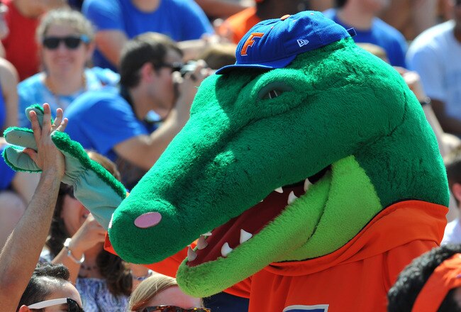 GAINESVILLE, FL - APRIL 9: The Florida Gators mascot celebrates with fans during the Orange and Blue spring football game April 9, 2011 at Ben Hill Griffin Stadium in Gainesville, Florida.  (Photo by Al Messerschmidt/Getty Images)