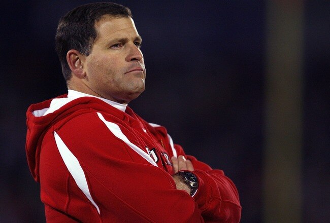EAST HARTFORD, CT - NOVEMBER 3: Coach Greg Schiano of the Rutgers Scarlet Knights watches the action against the University of Connecticut Huskies at Rentschler Field November 3, 2007 in East Hartford, Connecticut.  (Photo by Jim Rogash/Getty Images)
