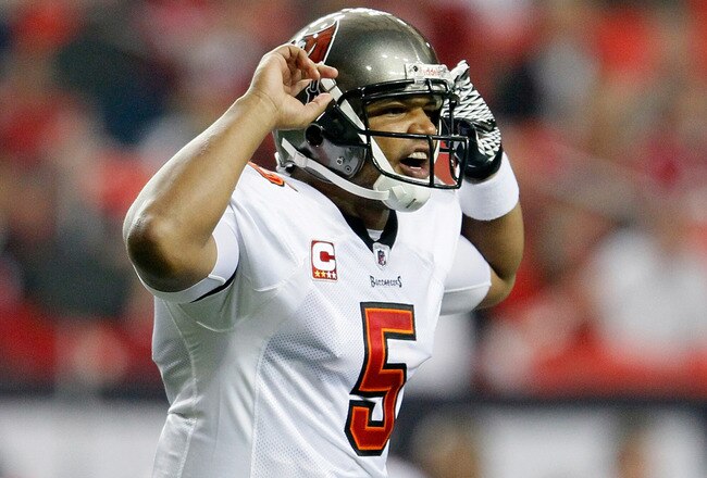 ATLANTA, GA - JANUARY 01:  Josh Freeman #5 of the Tampa Bay Buccaneers signals to his offense against the Atlanta Falcons at Georgia Dome on January 1, 2012 in Atlanta, Georgia.  (Photo by Kevin C. Cox/Getty Images)