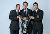 CARSON, CA - NOVEMBER 20:  (L-R) Landon Donovan #10, David Beckham #23 and Robbie Keane #14 of the Los Angeles Galaxy pose for a portrait following the 2011 MLS Cup at The Home Depot Center on November 20, 2011 in Carson, California.  (Photo by Jeff Gross/Getty Images)
