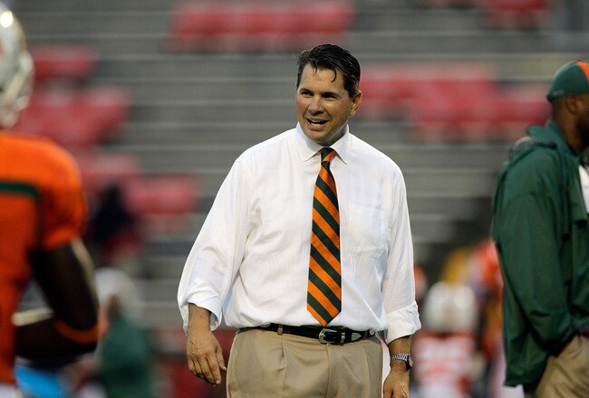 COLLEGE PARK, MD - SEPTEMBER 05:  Head coach Al Golden of the Miami Hurricanes watches his team warm up before the start of their game against the Maryland Terrapins at Byrd Stadium on September 5, 2011 in College Park, Maryland.  (Photo by Rob Carr/Getty Images)