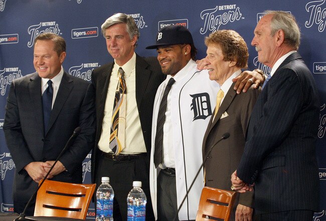 DETROIT, MI - JANUARY 26:  (L-R) Agent Scott Boras, CEO and general manager Dave Dombrowski of the Detroit Tigers, Prince Fielder, owner Mike Ilitch and manager Jim Leyland pose during a press conference amnnouncing the signing of Fielder at Comerica Park on January 26, 2012 in Detroit, Michigan.  (Photo by Jorge Lemus/Getty Images)