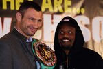 LONDON, ENGLAND - JANUARY 09:  (L-R) Vitali Klitschko of the Ukraine and Dereck Chisora of England during a press conference at The Landmark Hotel on January 9, 2012 in London, England.  (Photo by Andrew Redington/Getty Images)