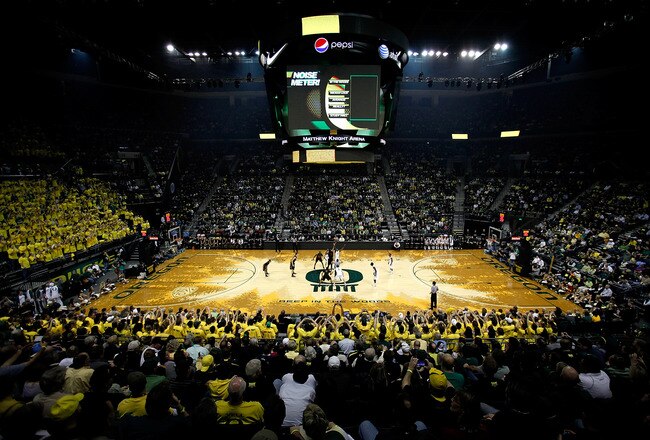 EUGENE, OR - JANUARY 13:  The opening tip-off during the Oregon Ducks versus the USC Trojans game at the grand opening of the Matthew Knight Arena on January 13, 2011 at Matthew Knight Arena in Eugene, Oregon.  (Photo by Jonathan Ferrey/Getty Images)
