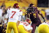 TEMPE, AZ - SEPTEMBER 24:   Vontaze Burfict #7 of the Arizona State Sun Devils points and yells at quarterback Matt Barkley #7 of the University of Southern California Trojans just prior to a play at Sun Devil Stadium on September 24, 2011 in Tempe, Arizona.  (Photo by Norm Hall/Getty Images)