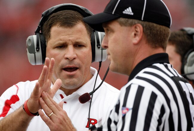 PISCATAWAY, NJ - SEPTEMBER 27:  Head Coach Greg Schiano of the Rutgers Scarlet Knights clarifies an issue with an official during the first quarter against the Morgan State Bears at Rutgers Stadium on September 27, 2008 in Piscataway, New Jersey.  (Photo by Jarrett Baker/Getty Images)