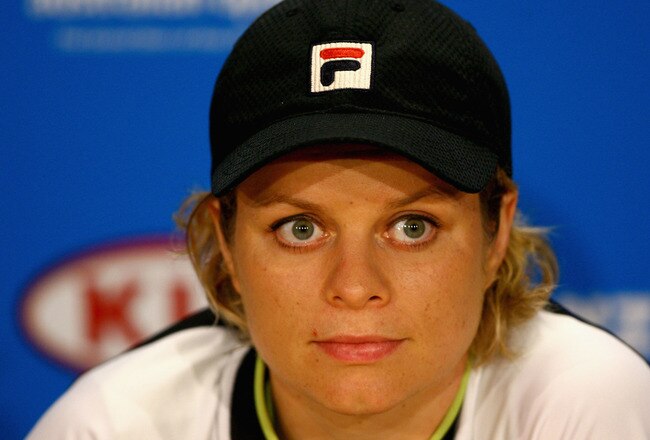 MELBOURNE, AUSTRALIA - JANUARY 26:  Kim Clijsters of Belgium talks to the media at a press conference after her semifinal lose against Victoria Azarenka of Belarus during day eleven of the 2012 Australian Open at Melbourne Park on January 26, 2012 in Melbourne, Australia.  (Photo by Robert Prezioso/Getty Images)